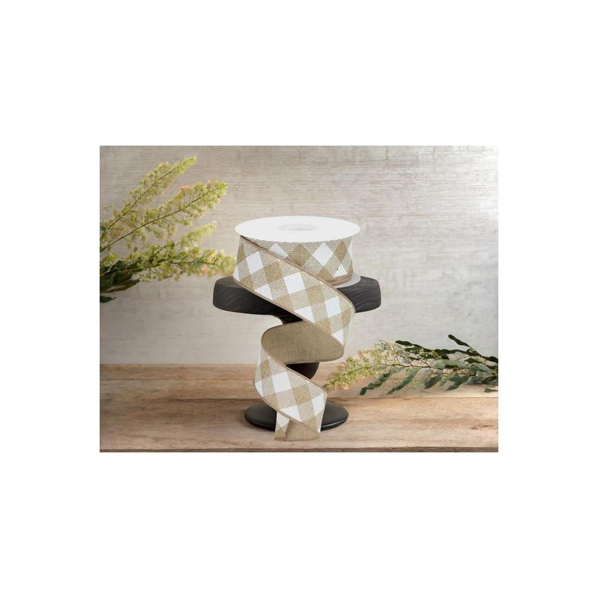 Shop For 1.5" Diagonal Check On Royal Ribbon: Tan & White (10 Yards) at Michelle's aDOORable Creations