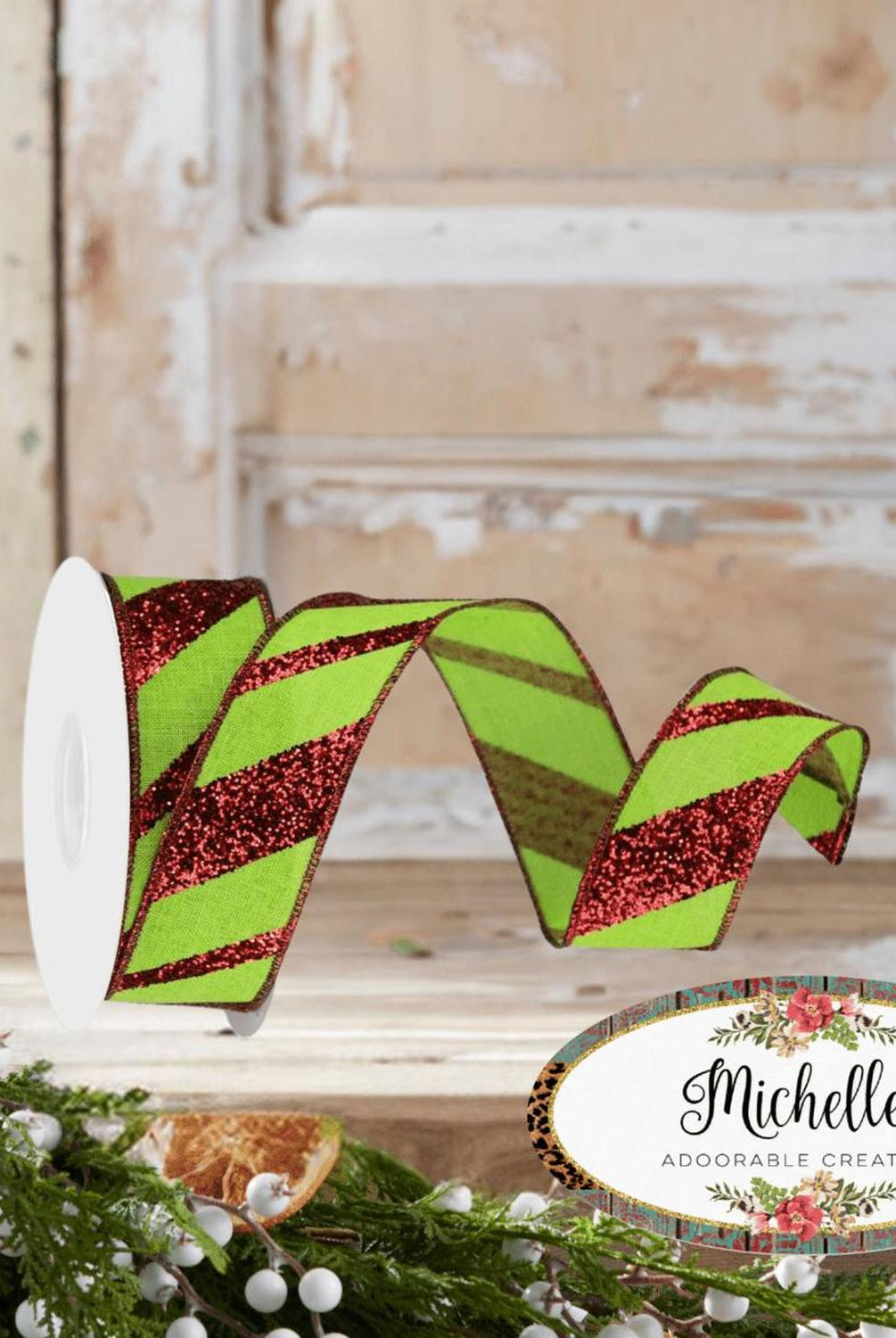 Shop For 1.5" Diagonal Glitter on Royal Ribbon: Lime Green (10 Yards)