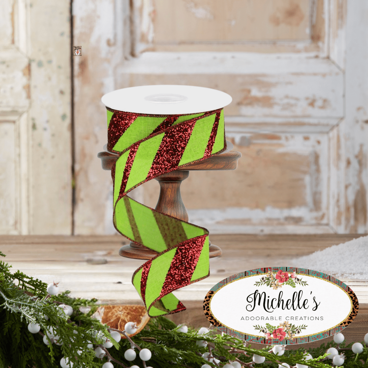 Shop For 1.5" Diagonal Glitter on Royal Ribbon: Lime Green (10 Yards)