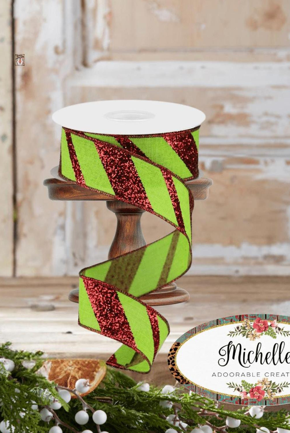 Shop For 1.5" Diagonal Glitter on Royal Ribbon: Lime Green (10 Yards)