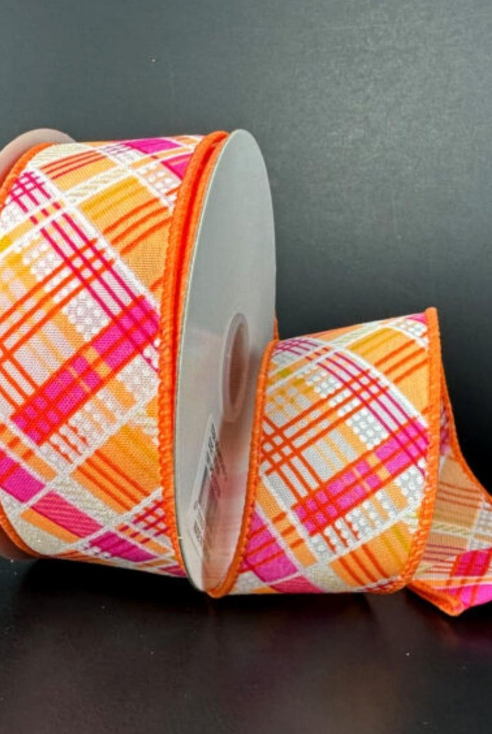 Shop For 1.5" Diagonal Printed Plaid Ribbon: Neon Orange (10 Yards)