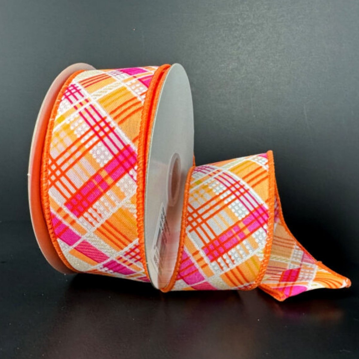Shop For 1.5" Diagonal Printed Plaid Ribbon: Neon Orange (10 Yards)