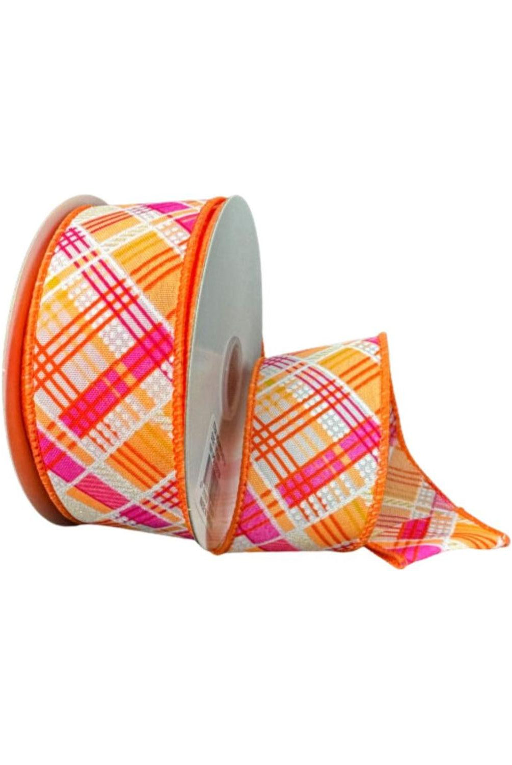 Shop For 1.5" Diagonal Printed Plaid Ribbon: Neon Orange (10 Yards)