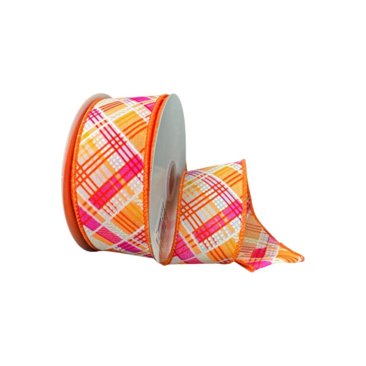 Shop For 1.5" Diagonal Printed Plaid Ribbon: Neon Orange (10 Yards)