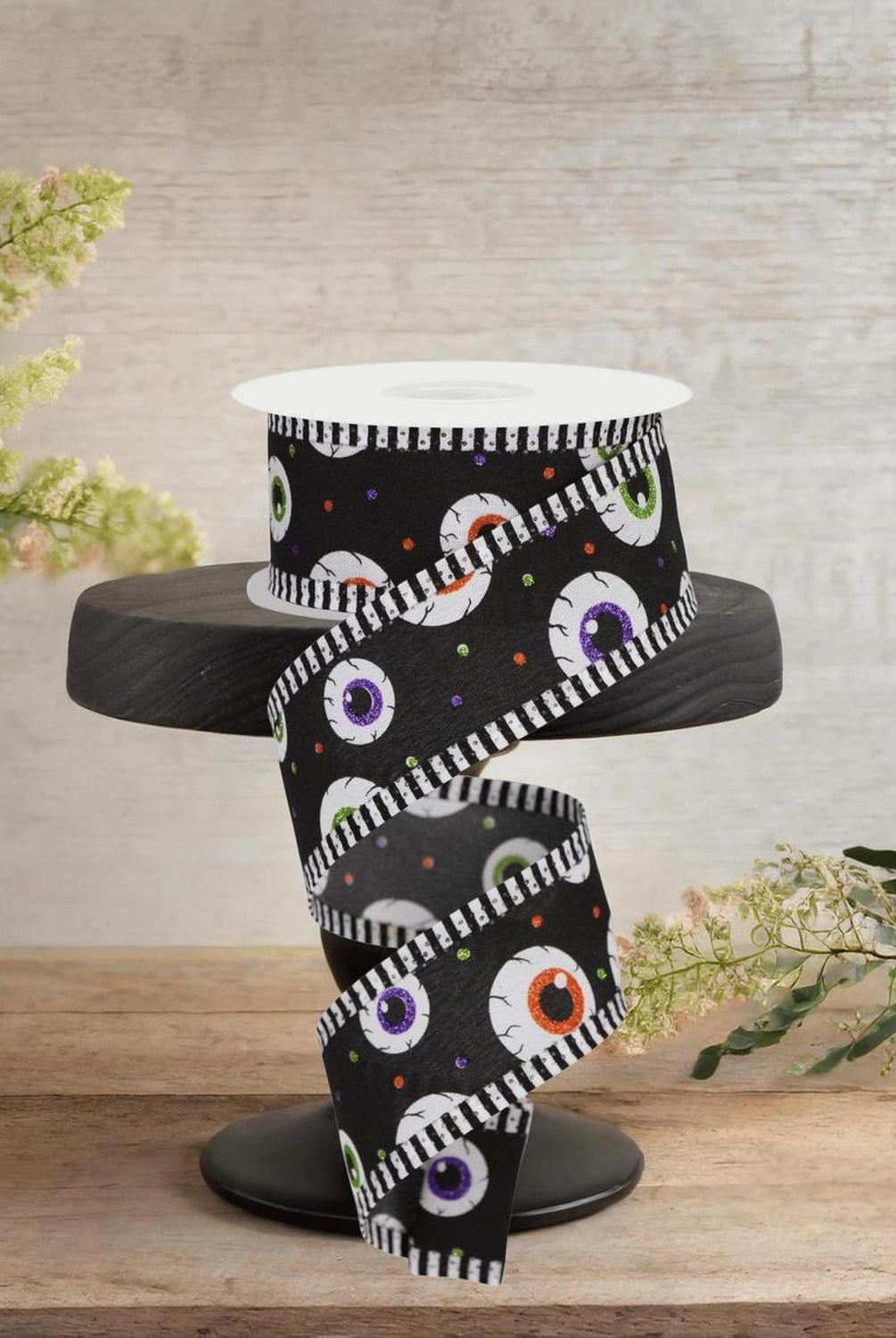 1.5" Eyeball Striped Edge Ribbon: Black (10 Yards)