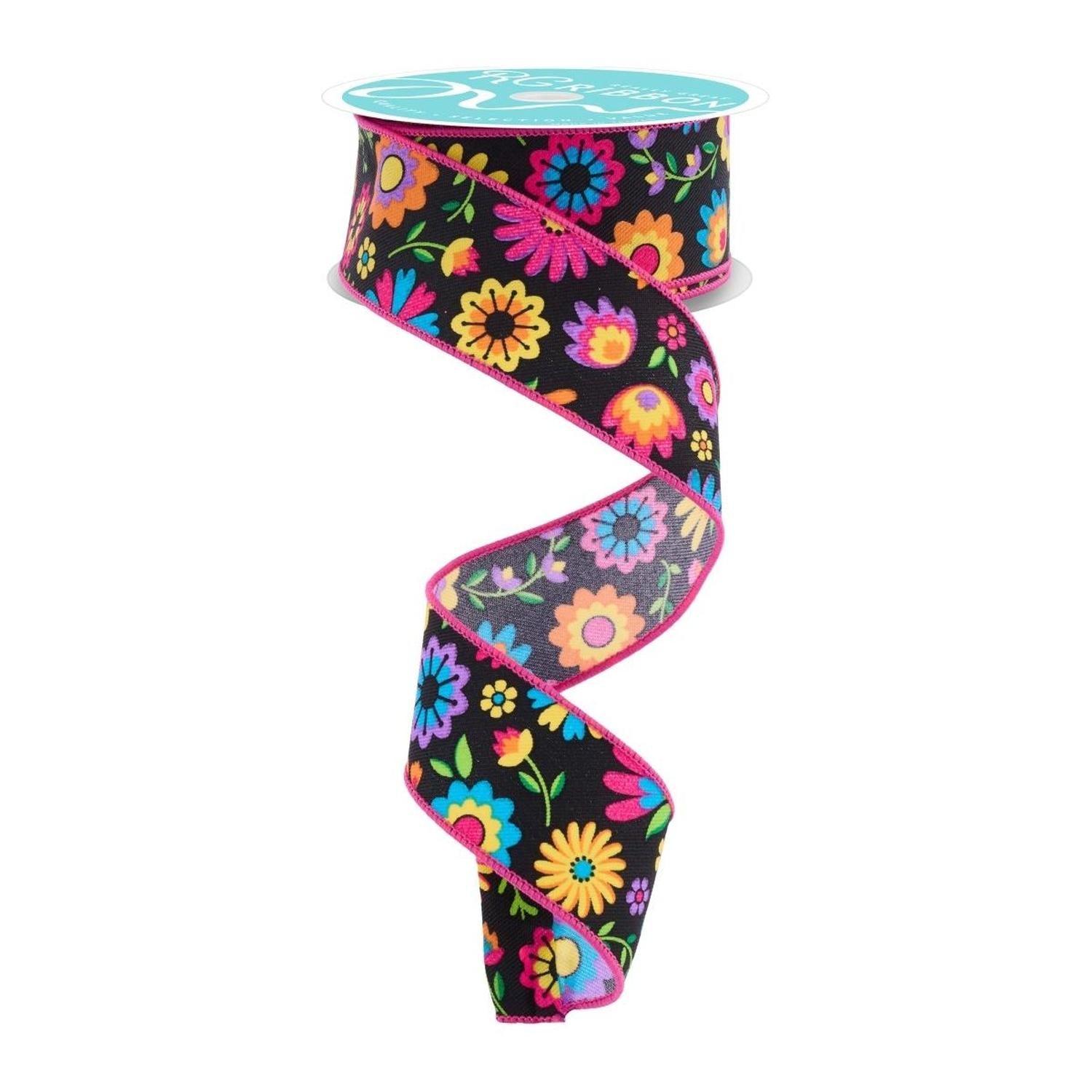 1.5" Fiesta Florals Ribbon: Black (10 Yards)