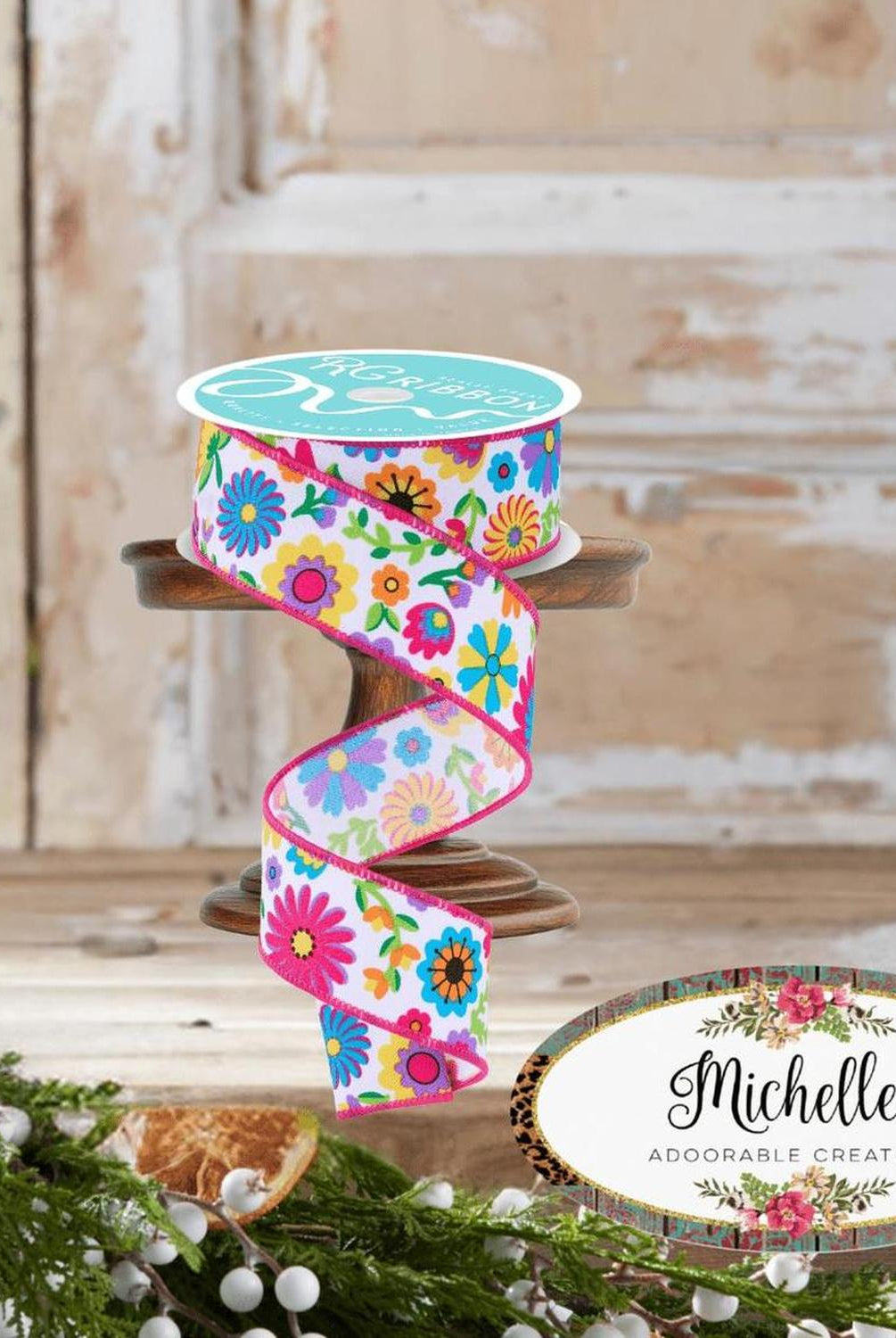 1.5" Fiesta Florals Ribbon: White (10 Yards)