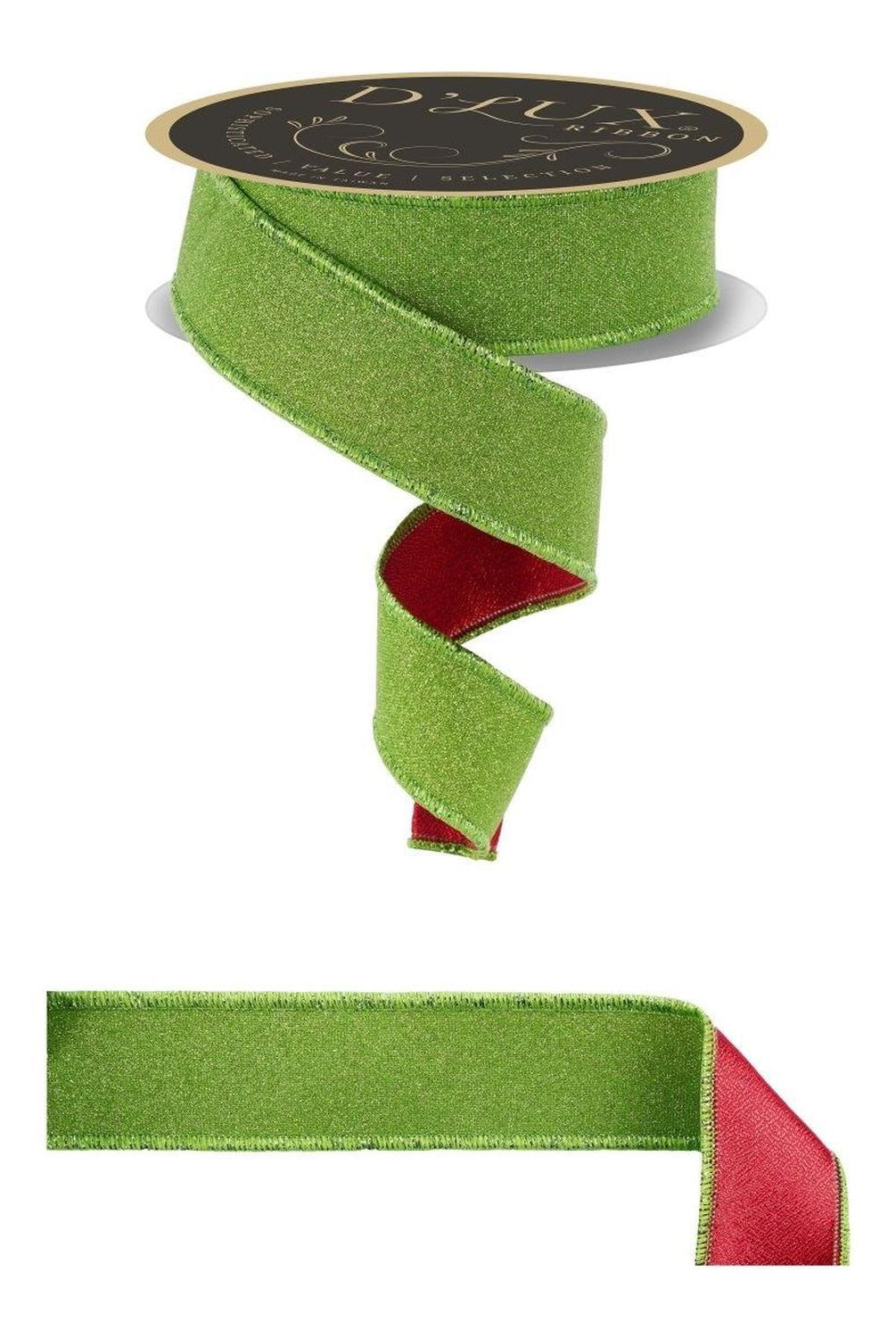 1.5" Fine Glitter Fused Back Ribbon: Fresh Green/Red (10 Yards)