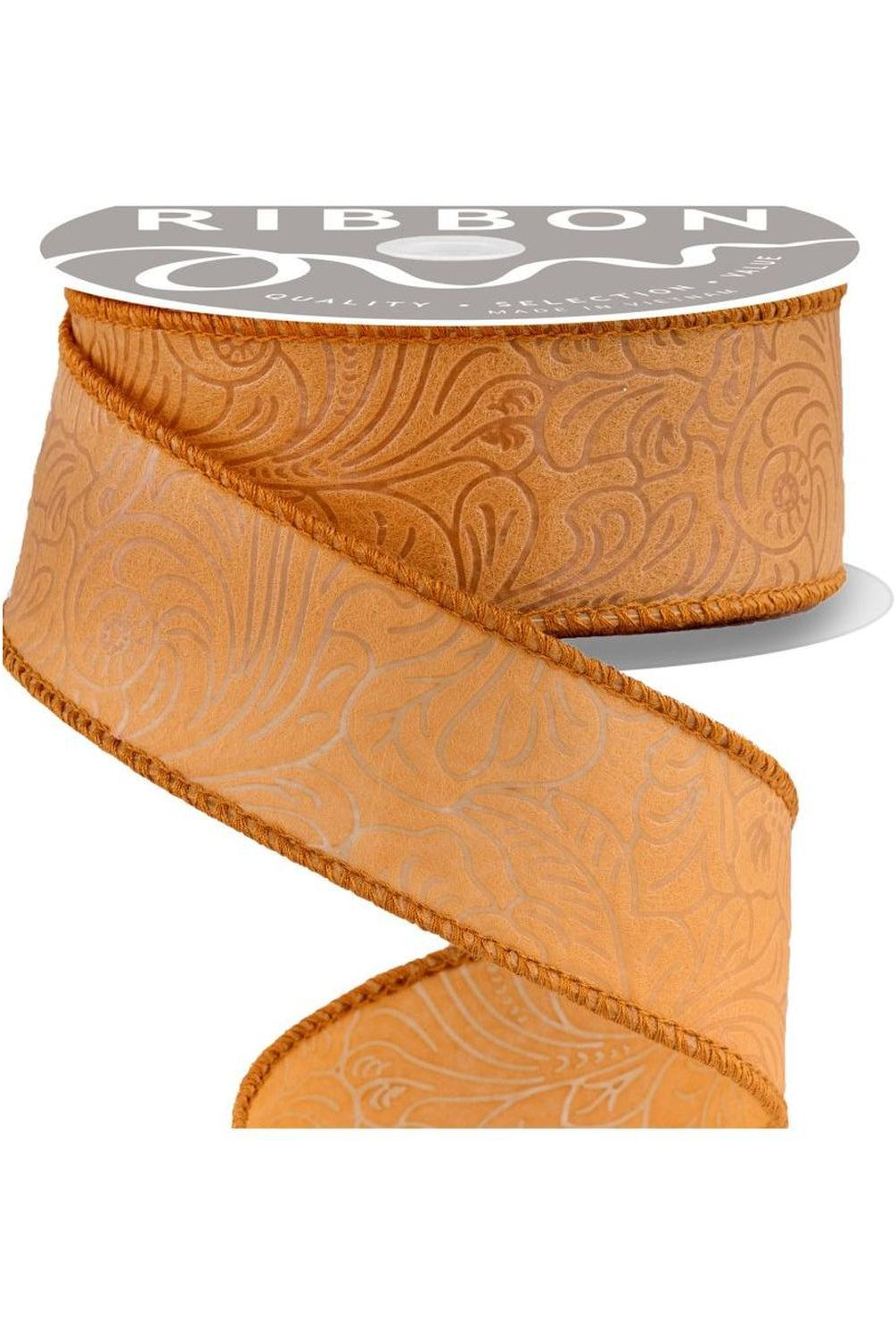 1.5" Flower Embossed Ribbon: Caramel (10 Yards)
