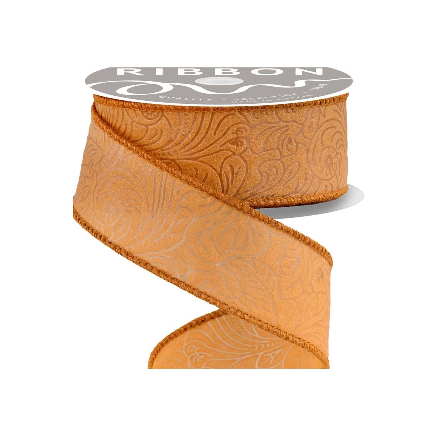 1.5" Flower Embossed Ribbon: Caramel (10 Yards)