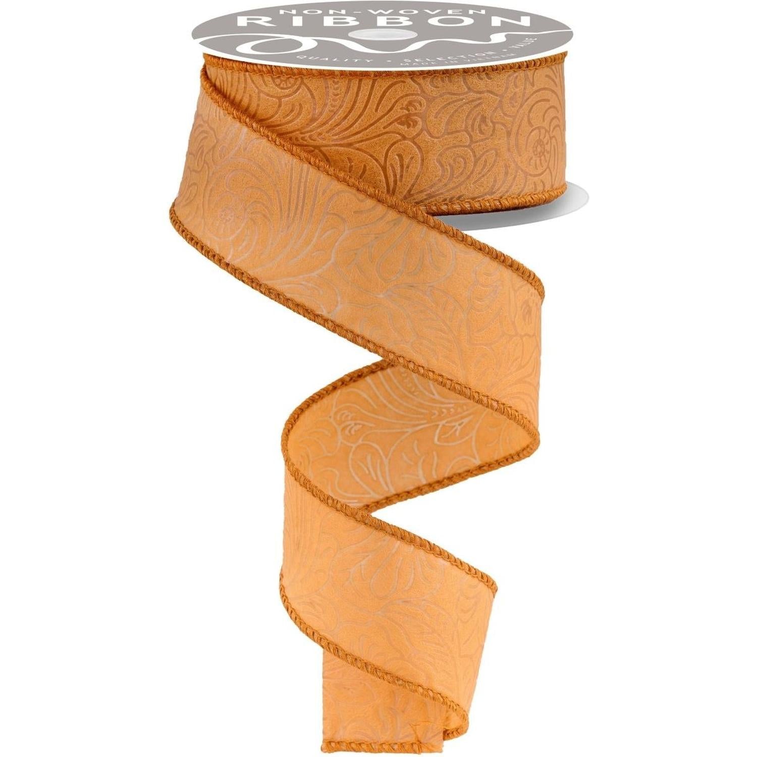 1.5" Flower Embossed Ribbon: Caramel (10 Yards)
