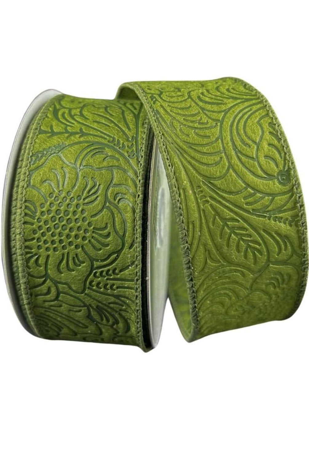 1.5" Flower Embossed Ribbon: Moss Green (10 Yards)