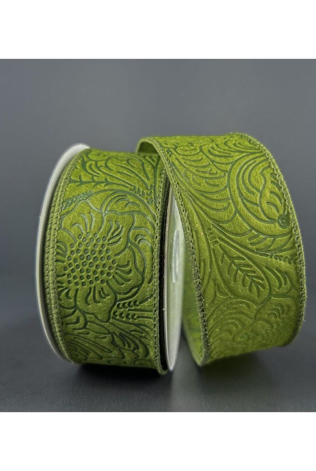 1.5" Flower Embossed Ribbon: Moss Green (10 Yards)