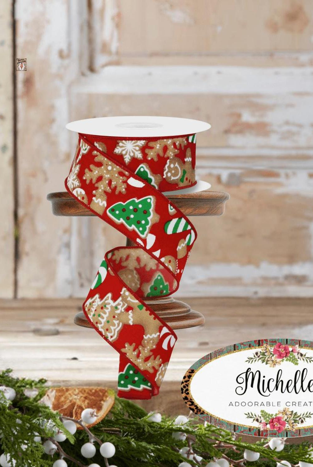 1.5" Gingerbread Cookies Ribbon: Red (10 Yards)
