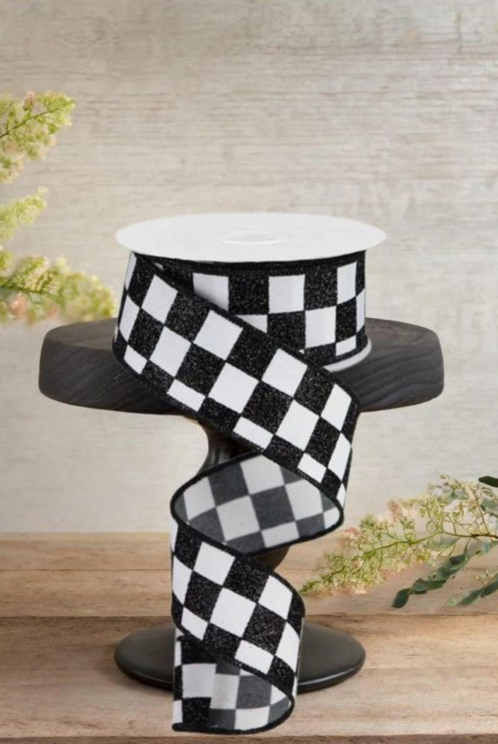 1.5in Print Glitter Check Ribbon: Black (10 Yards)