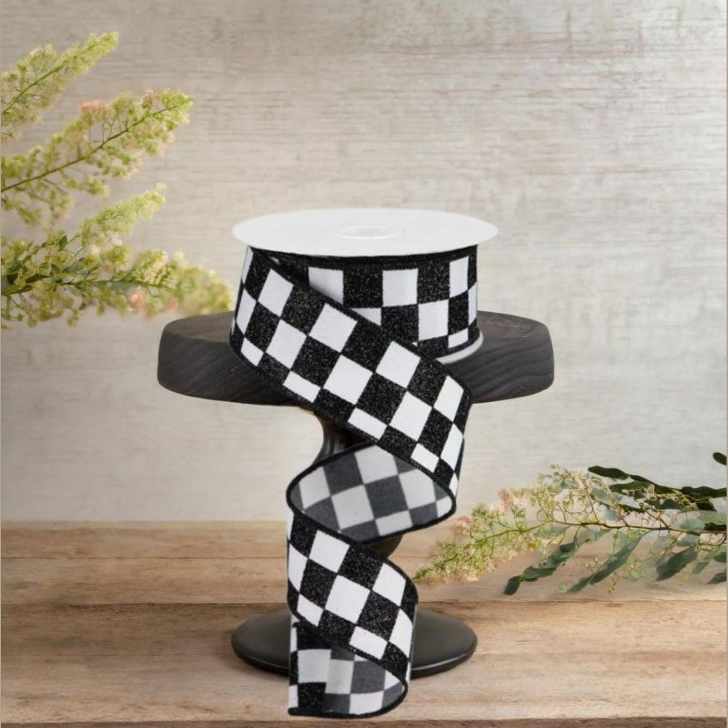 1.5in Print Glitter Check Ribbon: Black (10 Yards)