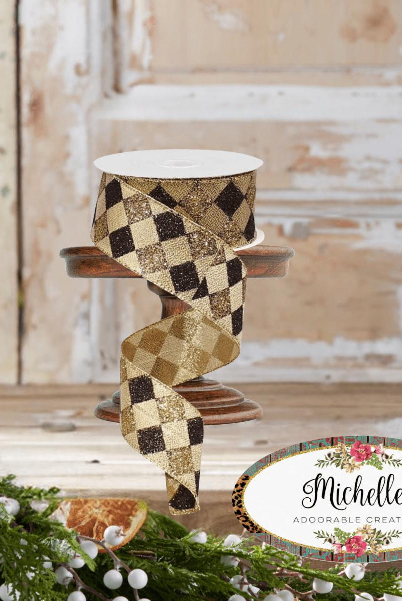 Shop For 1.5" Glitter Diamond Check Ribbon: Black & Gold (10 Yards)