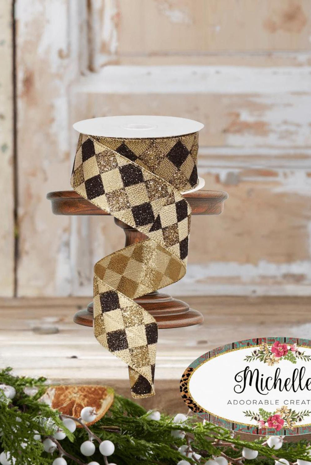 Shop For 1.5" Glitter Diamond Check Ribbon: Black & Gold (10 Yards)