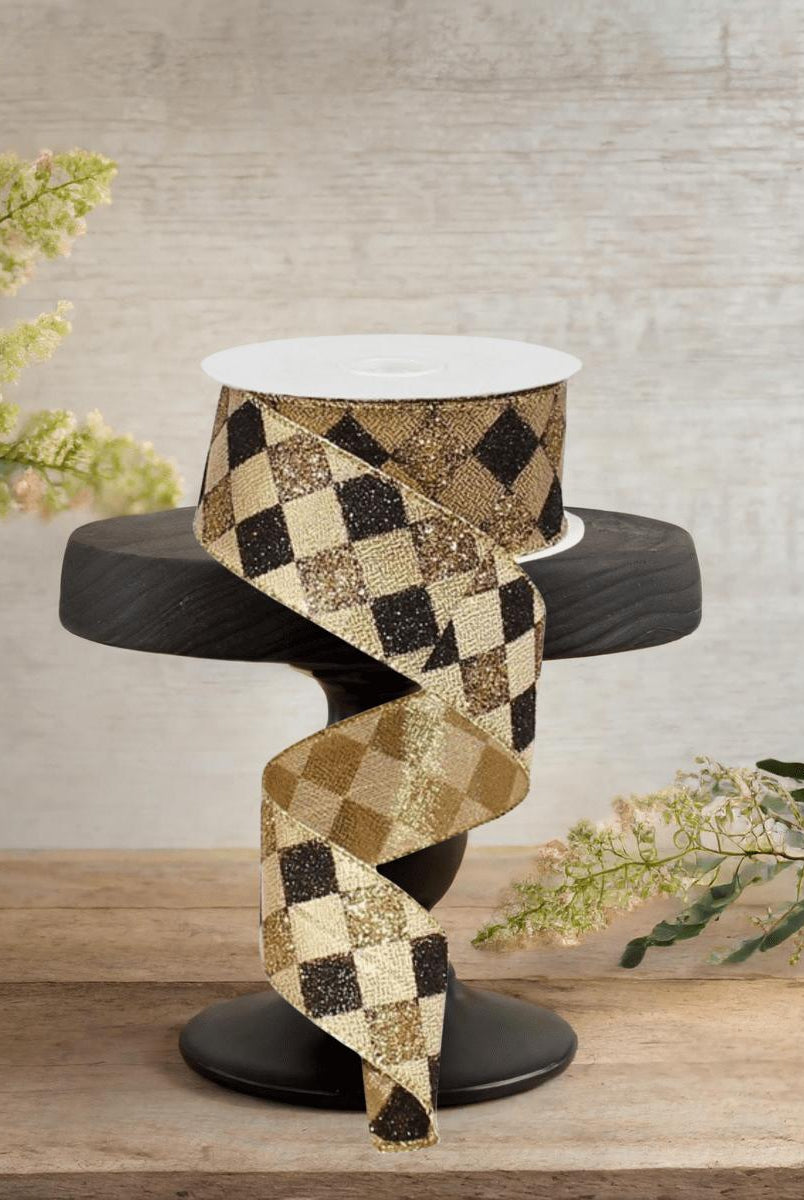 Shop For 1.5" Glitter Diamond Check Ribbon: Black & Gold (10 Yards)