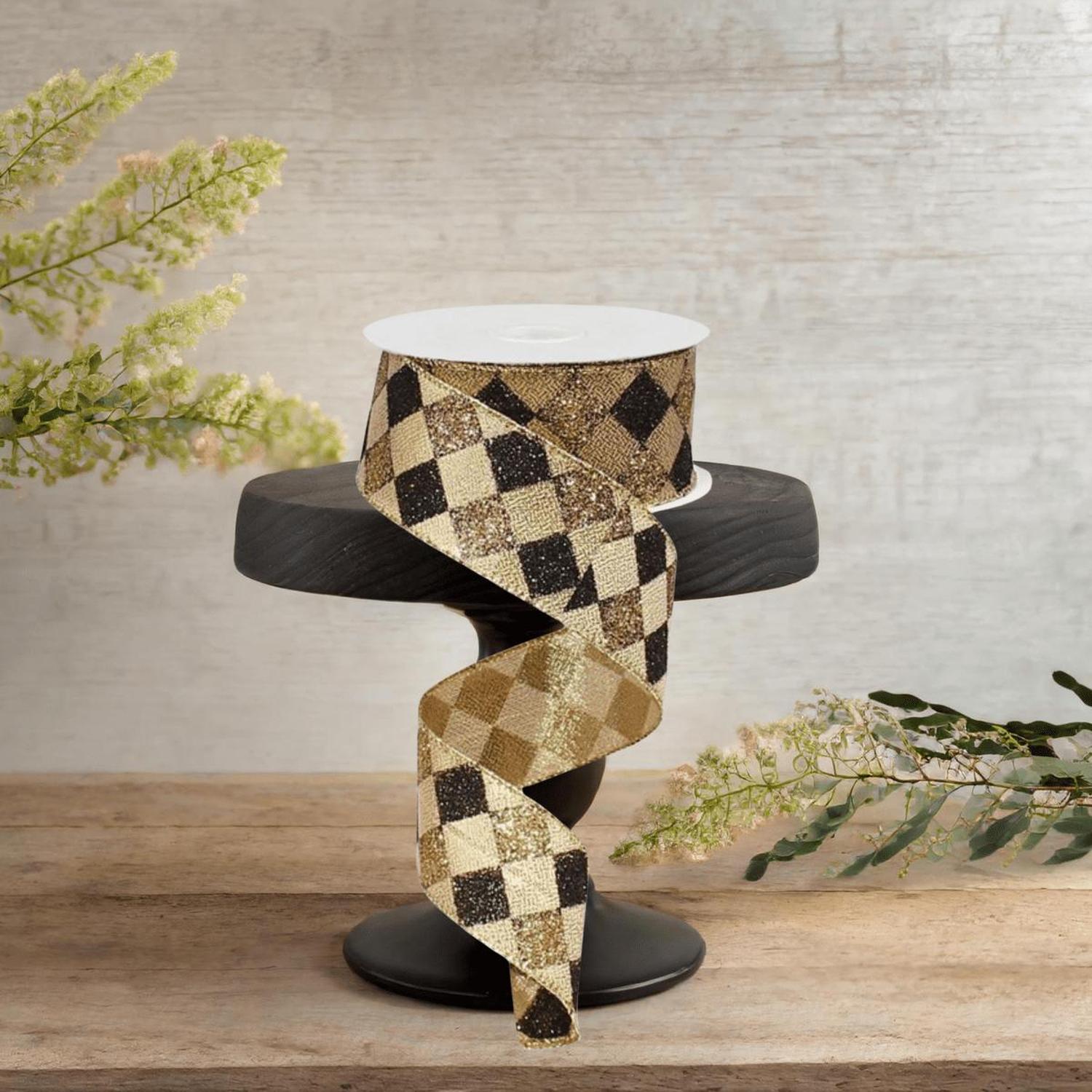 Shop For 1.5" Glitter Diamond Check Ribbon: Black & Gold (10 Yards)