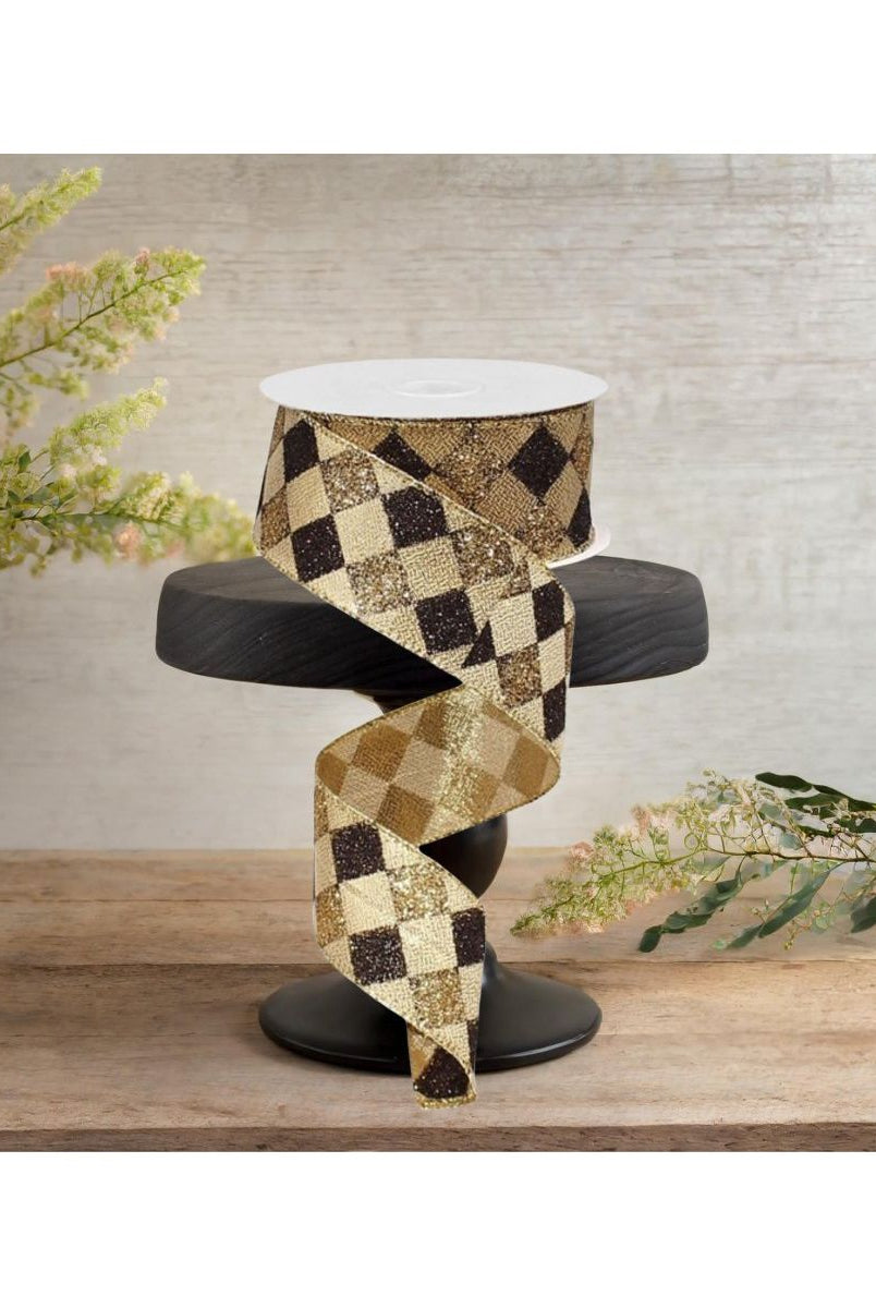 Shop For 1.5" Glitter Diamond Check Ribbon: Black & Gold (10 Yards) at Michelle's aDOORable Creations