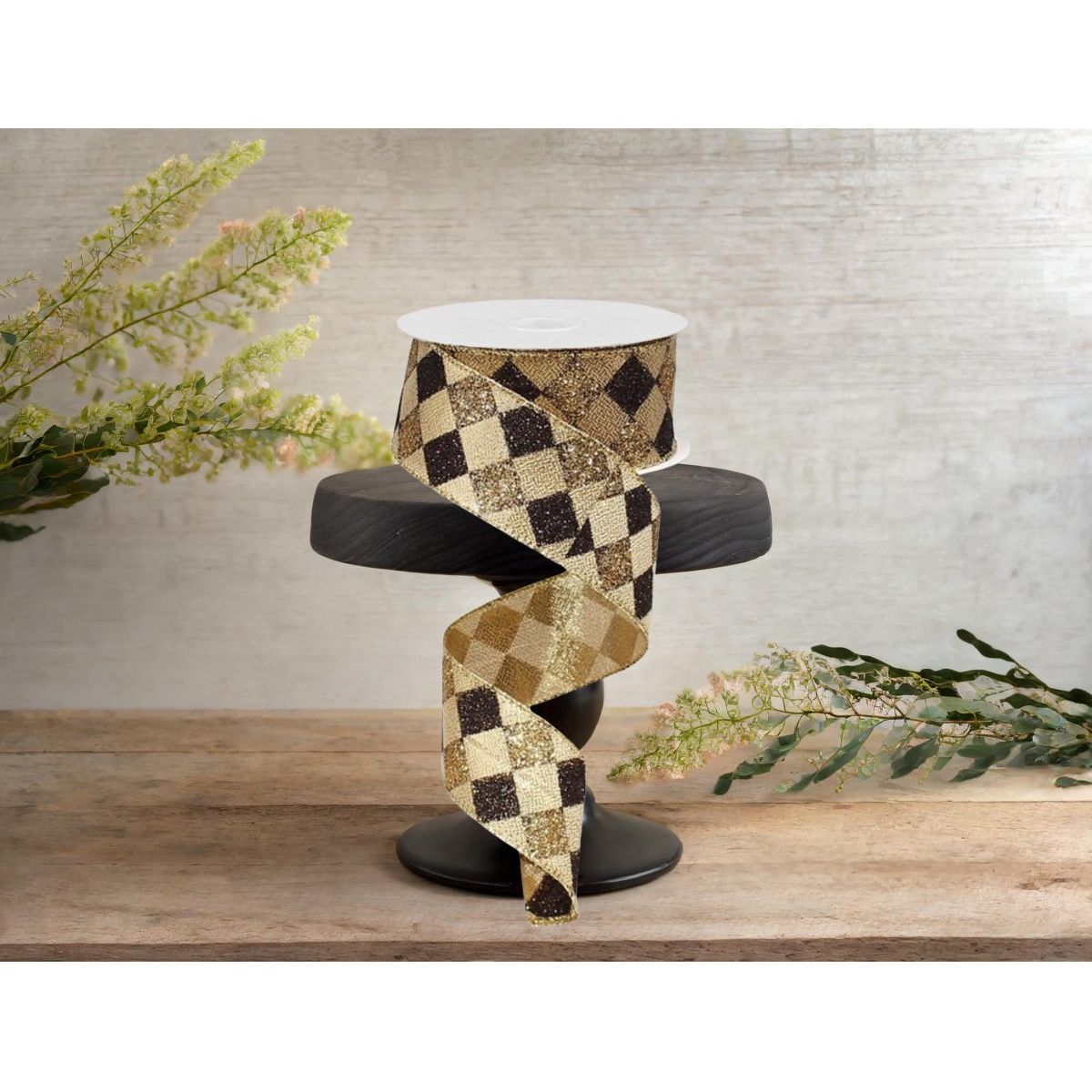 Shop For 1.5" Glitter Diamond Check Ribbon: Black & Gold (10 Yards) at Michelle's aDOORable Creations