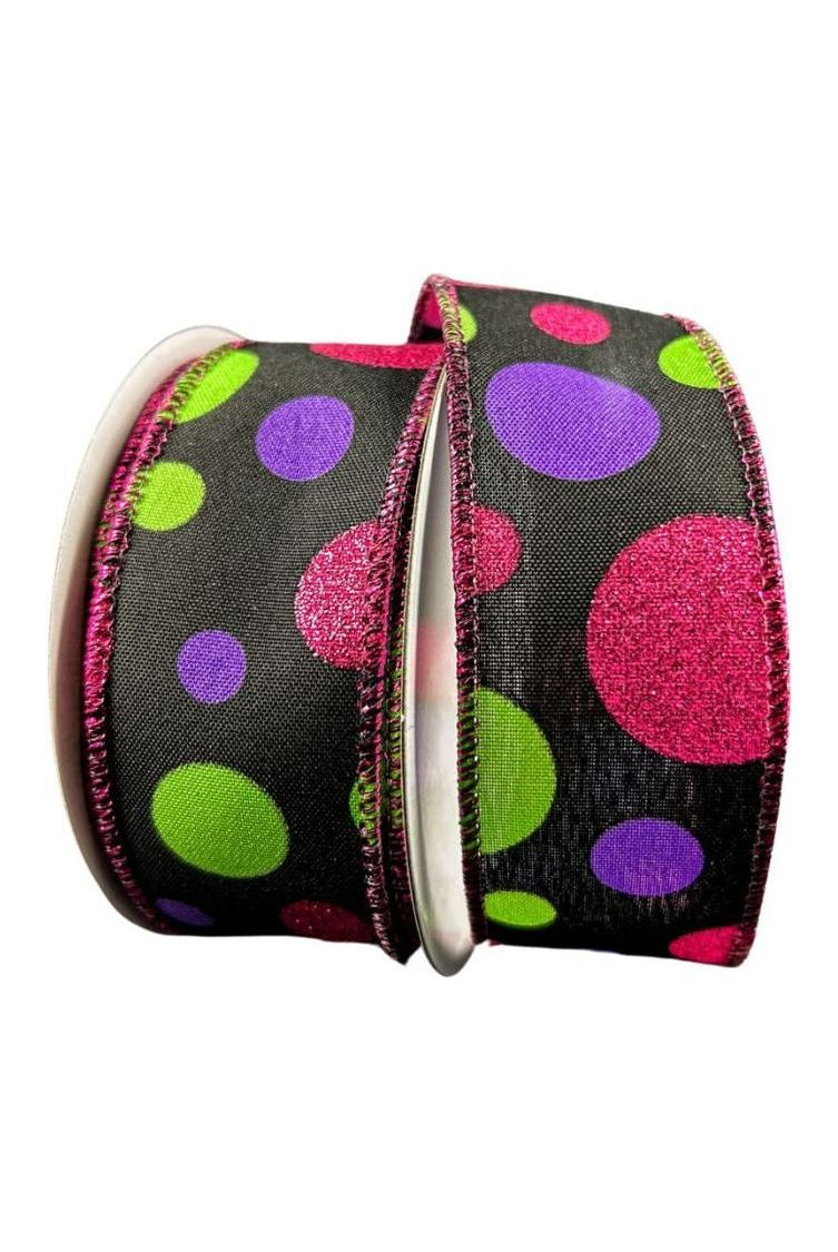 Shop For 1.5" Glitter Dots Black Ribbon: Fuchsia, Lime Green Purple (10 Yards) at Michelle's aDOORable Creations