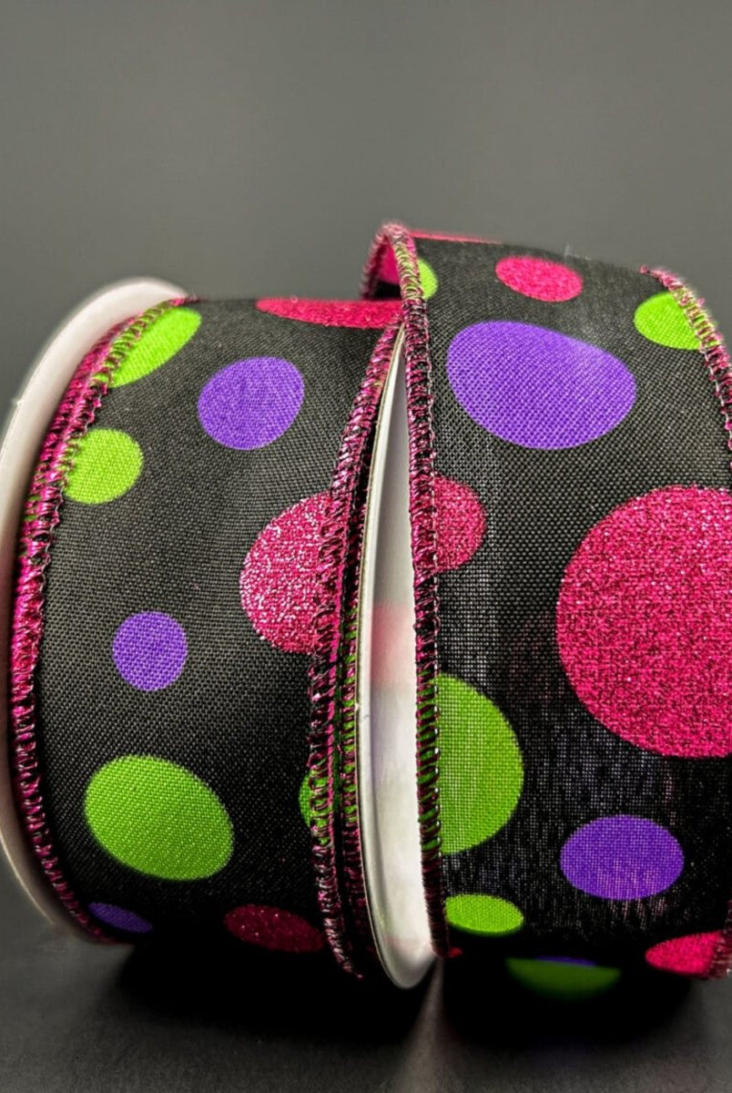 Shop For 1.5" Glitter Dots Black Ribbon: Fuchsia, Lime Green Purple (10 Yards)