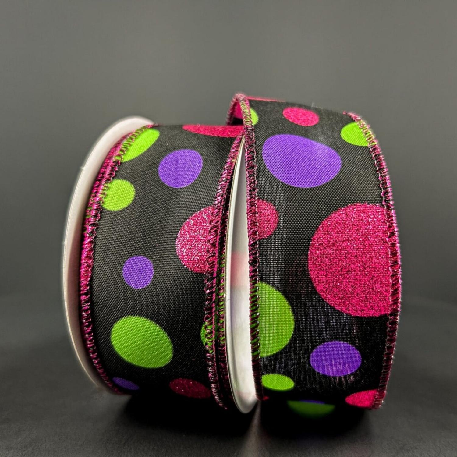 Shop For 1.5" Glitter Dots Black Ribbon: Fuchsia, Lime Green Purple (10 Yards)