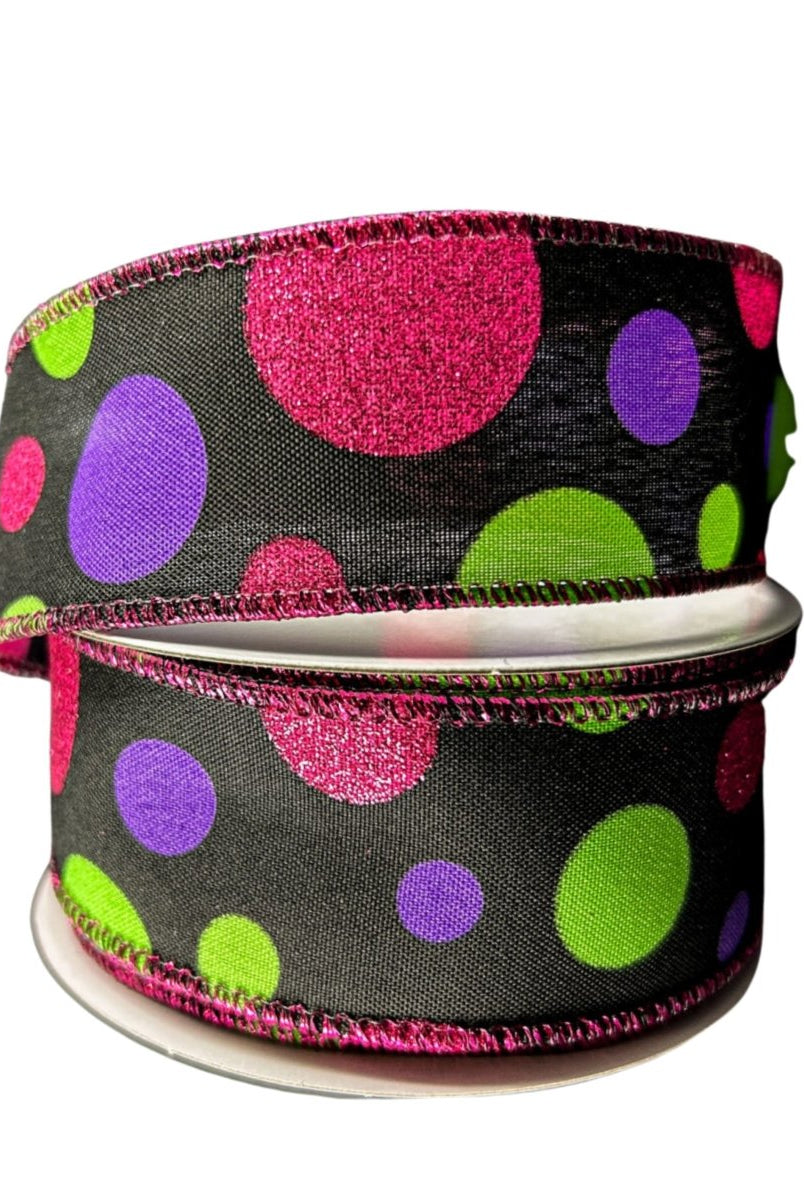 Shop For 1.5" Glitter Dots Black Ribbon: Fuchsia, Lime Green Purple (10 Yards)