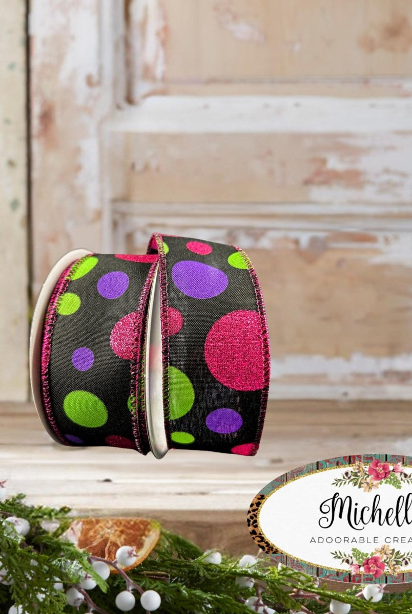 Shop For 1.5" Glitter Dots Black Ribbon: Fuchsia, Lime Green Purple (10 Yards)