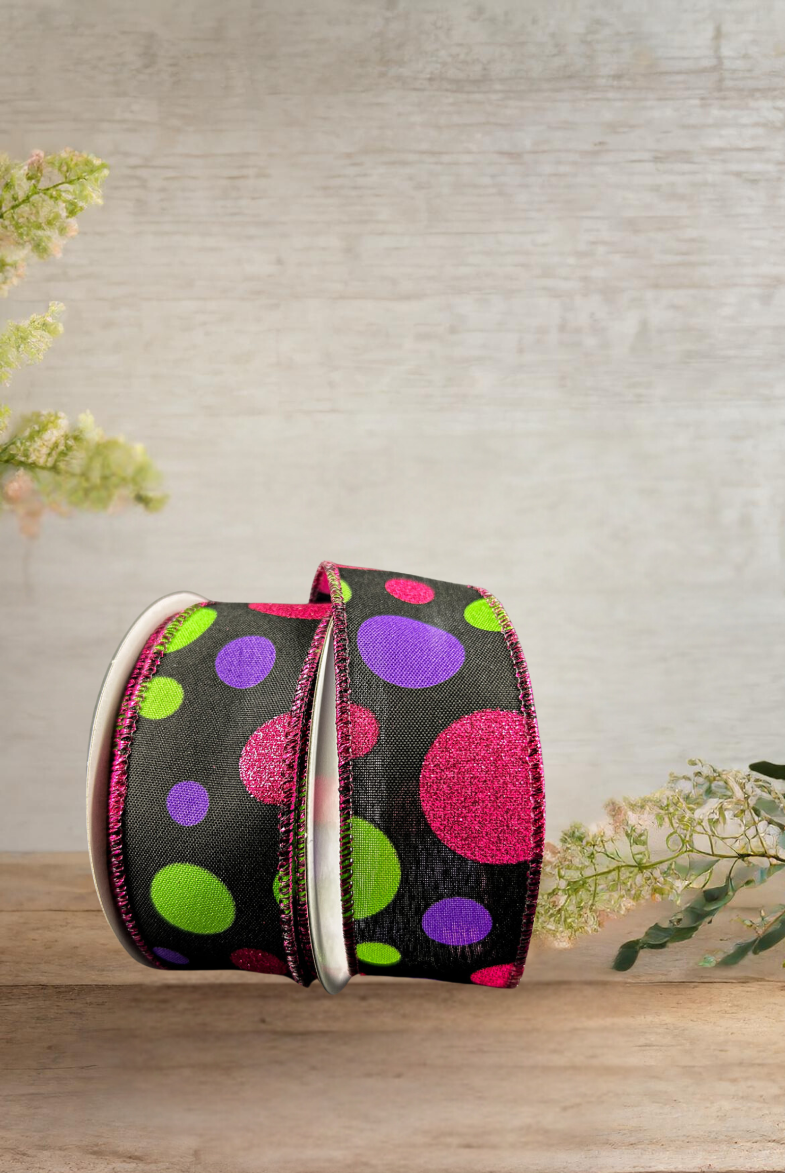 Shop For 1.5" Glitter Dots Black Ribbon: Fuchsia, Lime Green Purple (10 Yards)