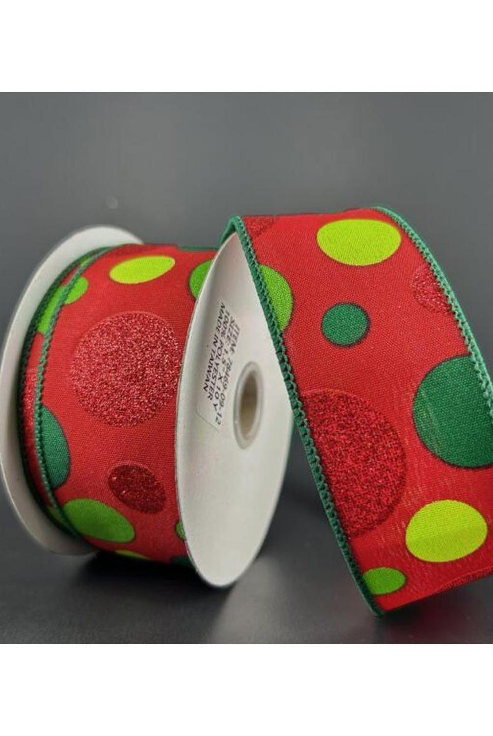 1.5" Glitter Dots Red Ribbon: Green and Lime (10 Yards)
