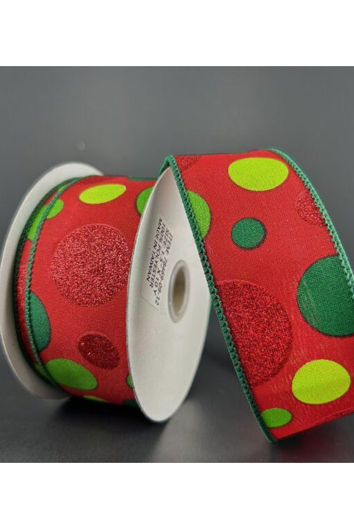Shop For 1.5" Glitter Dots Red Ribbon: Green and Lime (10 Yards) at Michelle's aDOORable Creations