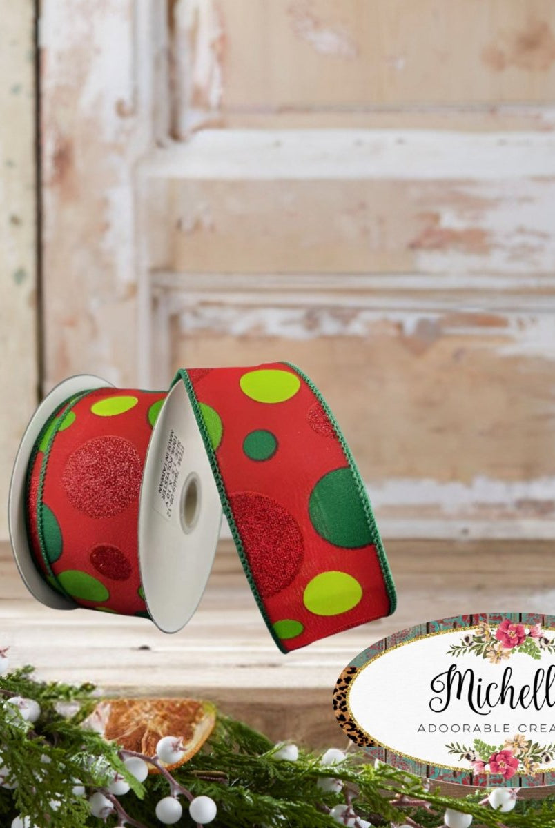 Shop For 1.5" Glitter Dots Red Ribbon: Green and Lime (10 Yards)