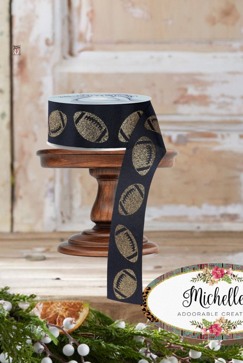 Shop For 1.5" Glitter Football Ribbon: Black/Gold (100 Feet)