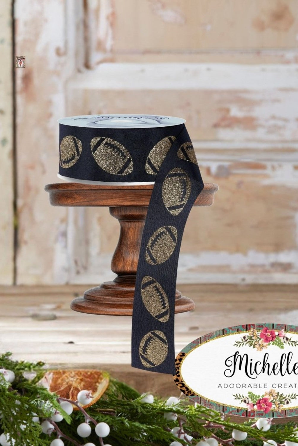 Shop For 1.5" Glitter Football Ribbon: Black/Gold (100 Feet)