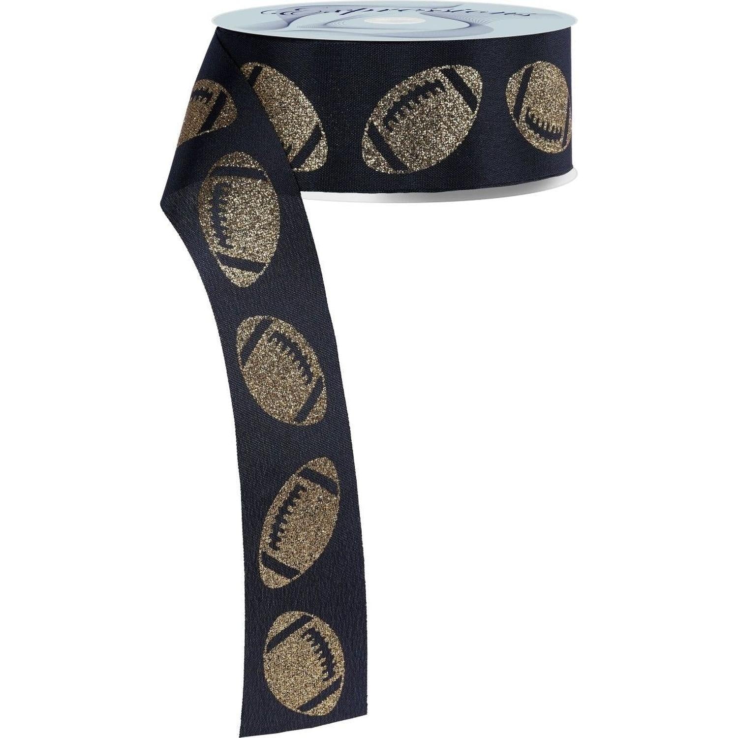 Shop For 1.5" Glitter Football Ribbon: Black/Gold (100 Feet)
