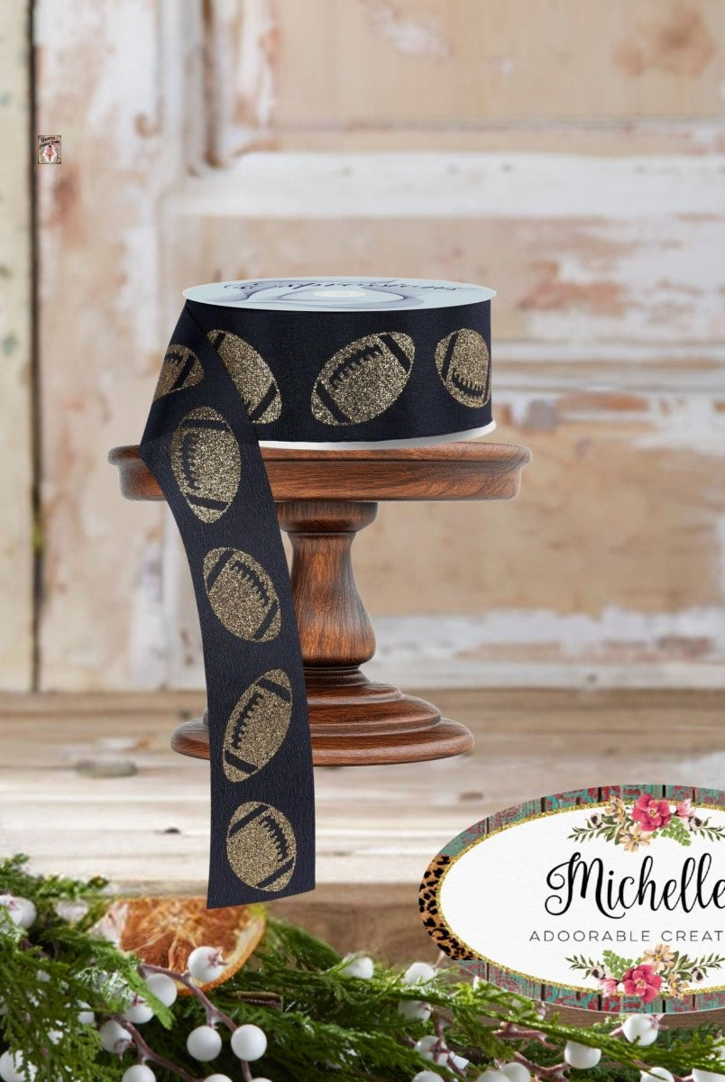 Shop For 1.5" Glitter Football Ribbon: Black/Gold (100 Feet)