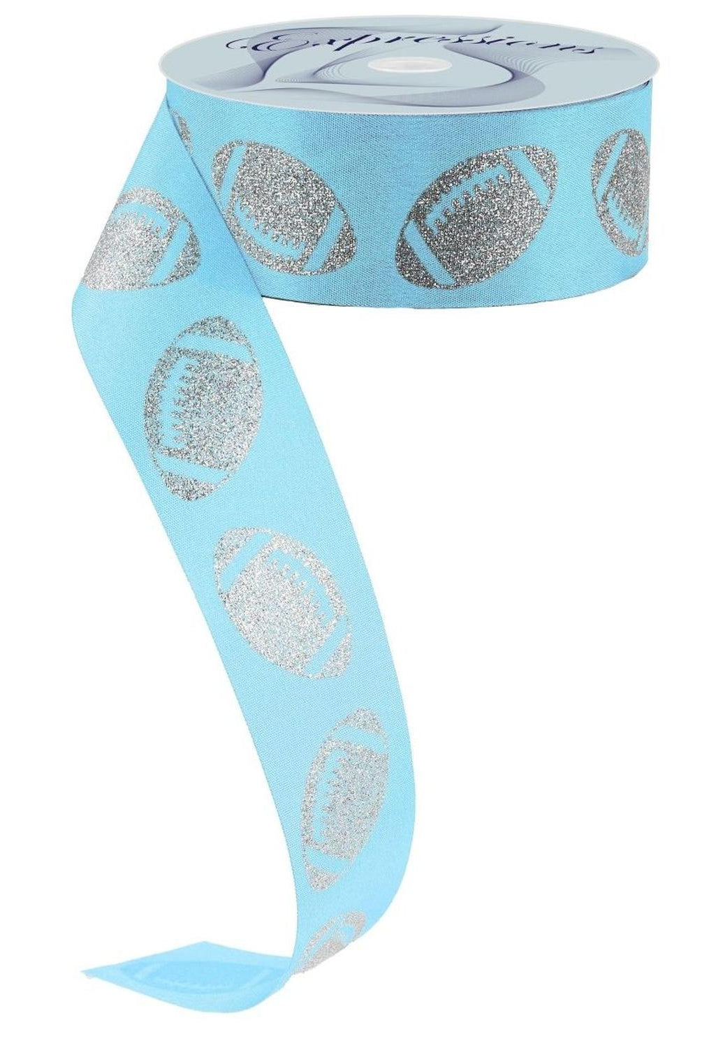 1.5" Glitter Football Ribbon: Columbia Blue/Silver (100 Feet)