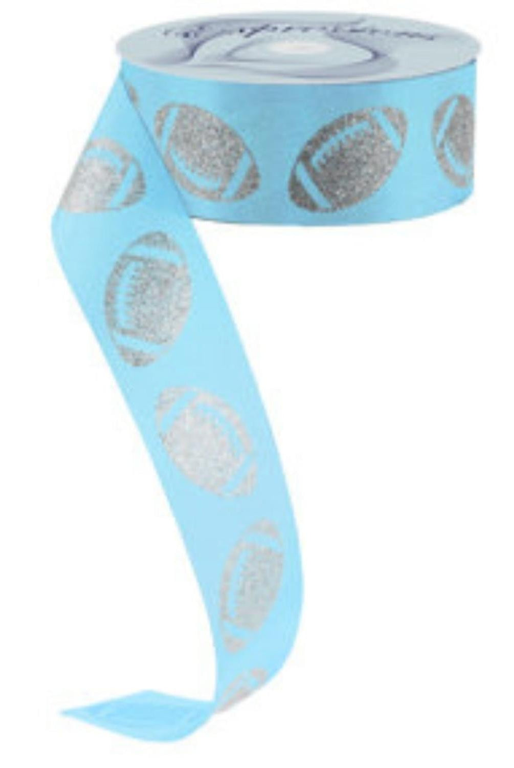 1.5" Glitter Football Ribbon: Columbia Blue/Silver (100 Feet)