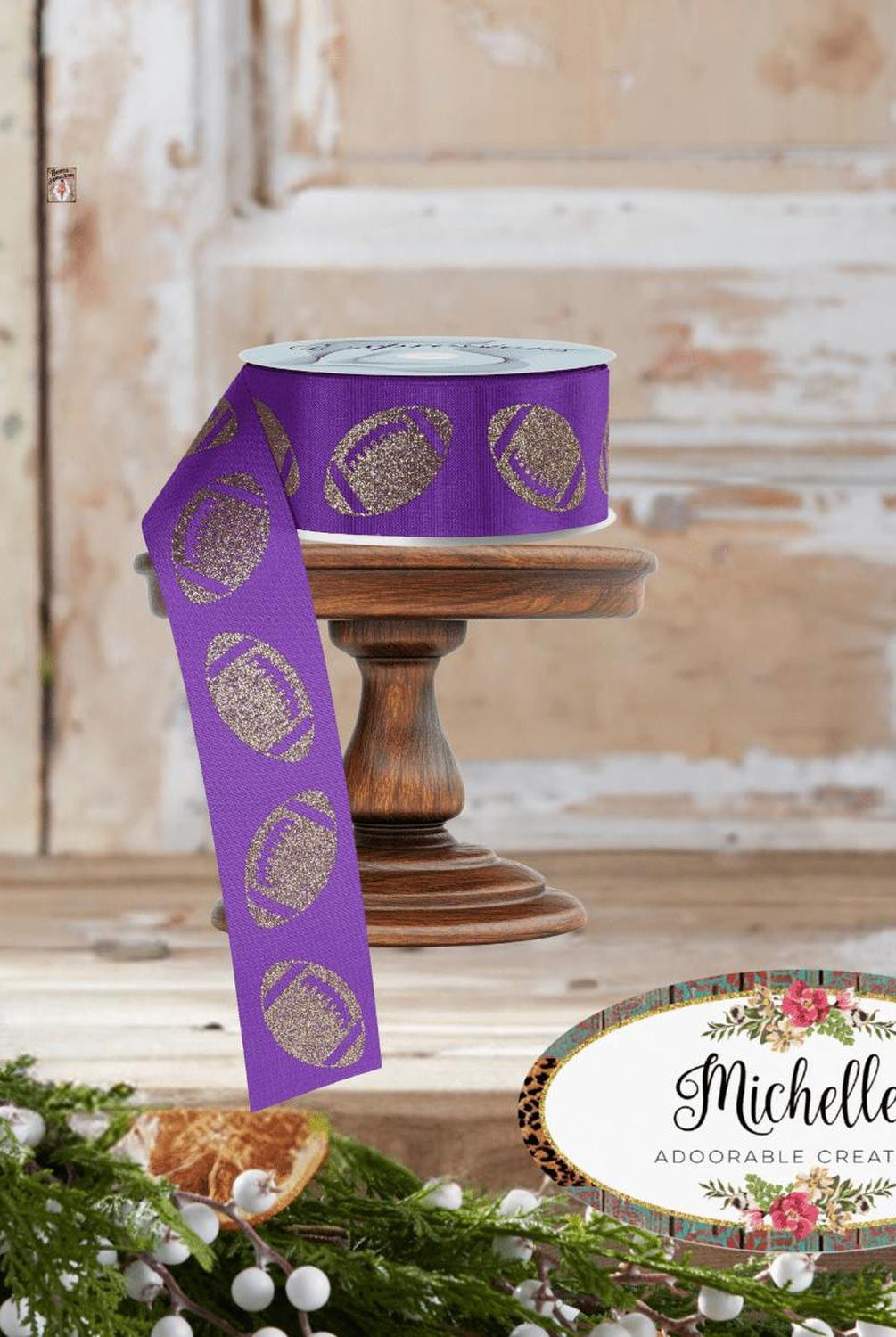 1.5" Glitter Football Ribbon: Purple/Gold (100 Feet)