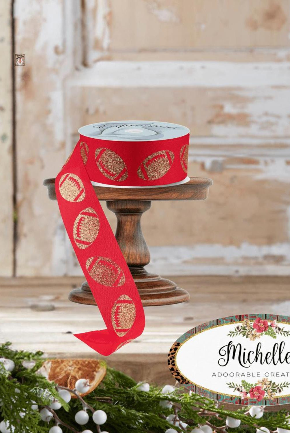 1.5" Glitter Football Ribbon: Red/Gold (100 Feet)
