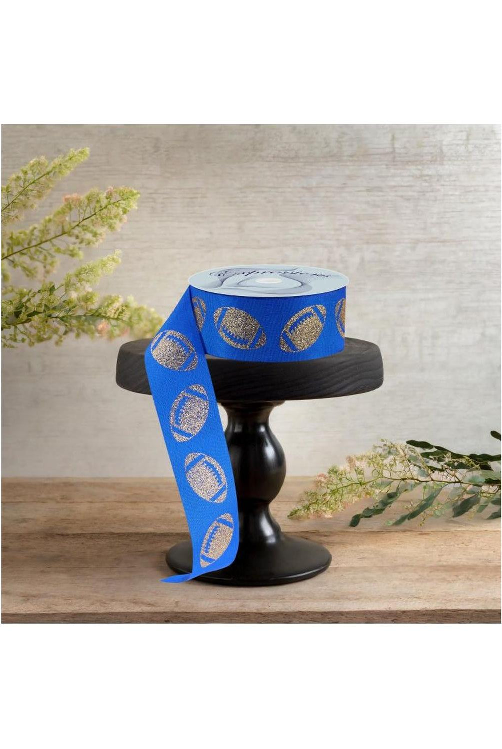1.5" Glitter Football Ribbon: Royal Blue/Gold (100 Feet)