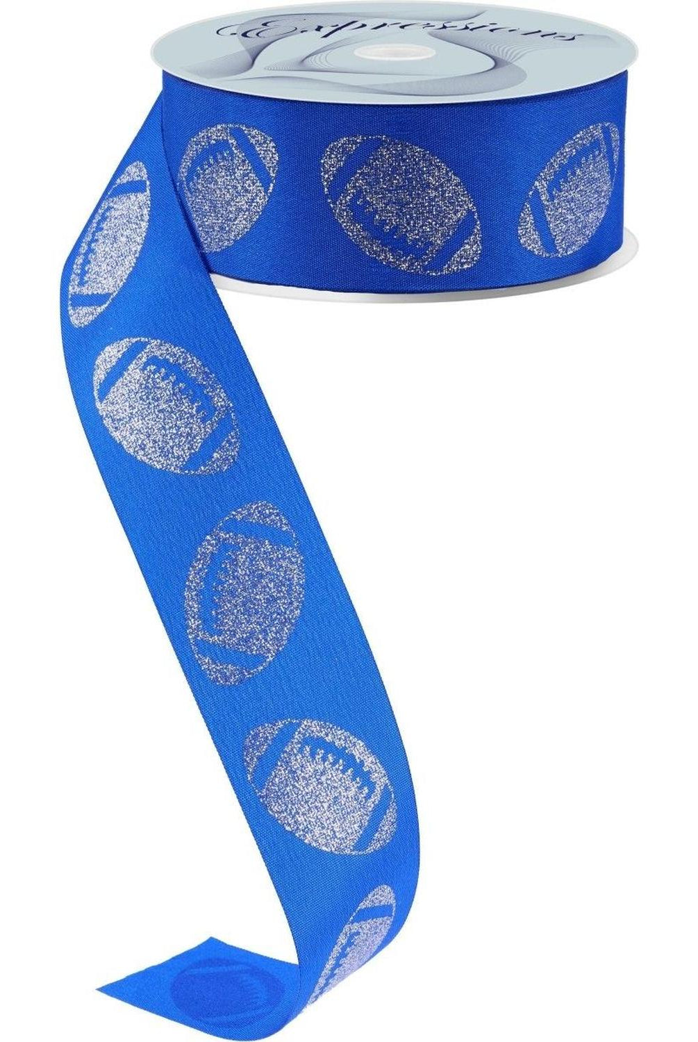 1.5" Glitter Football Ribbon: Royal Blue/Silver (100 Feet)