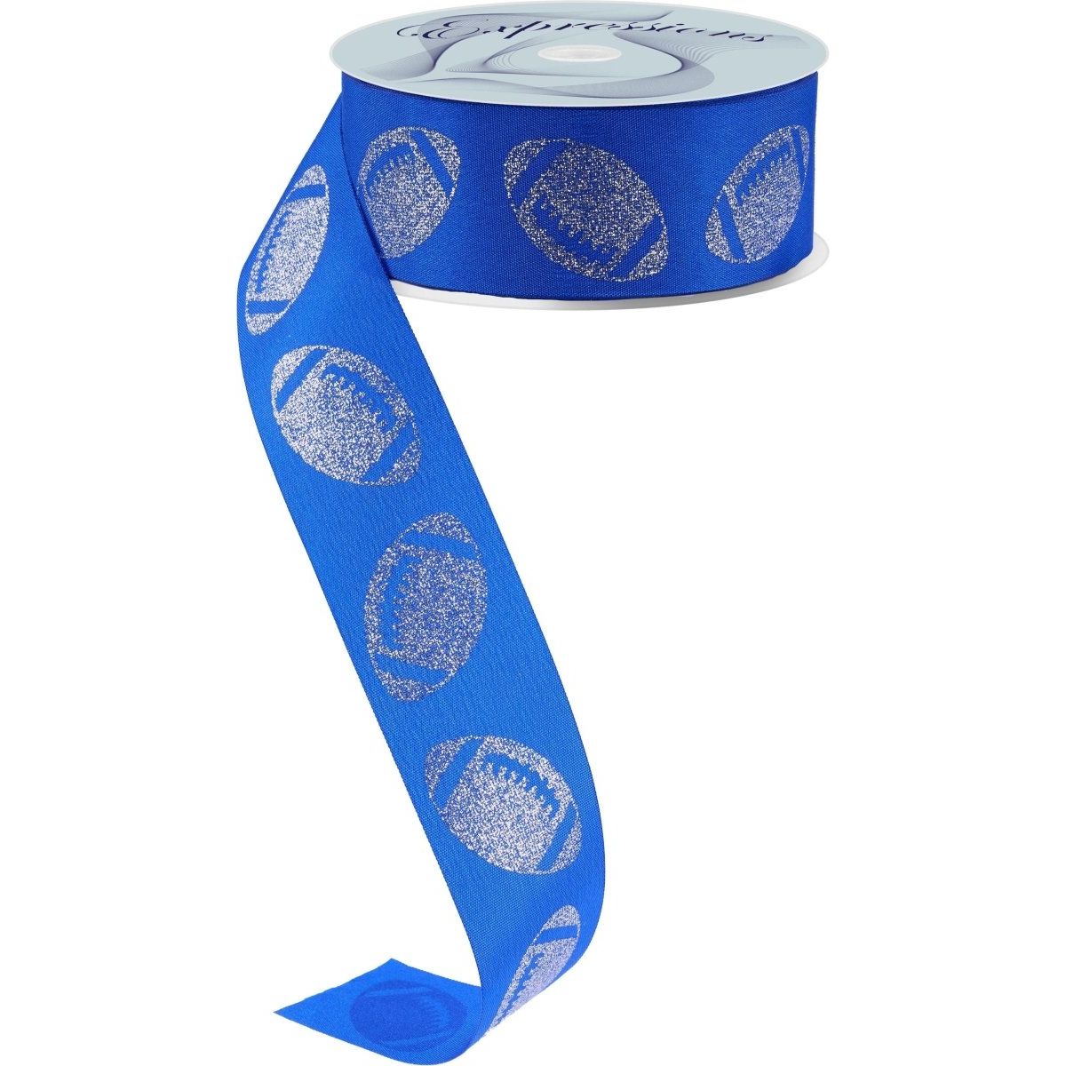 Shop For 1.5" Glitter Football Ribbon: Royal Blue/Silver (100 Feet)