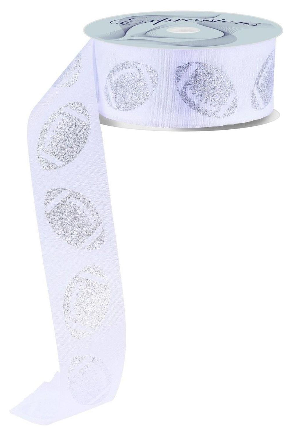 1.5" Glitter Football Ribbon: White/Silver (100 Feet)