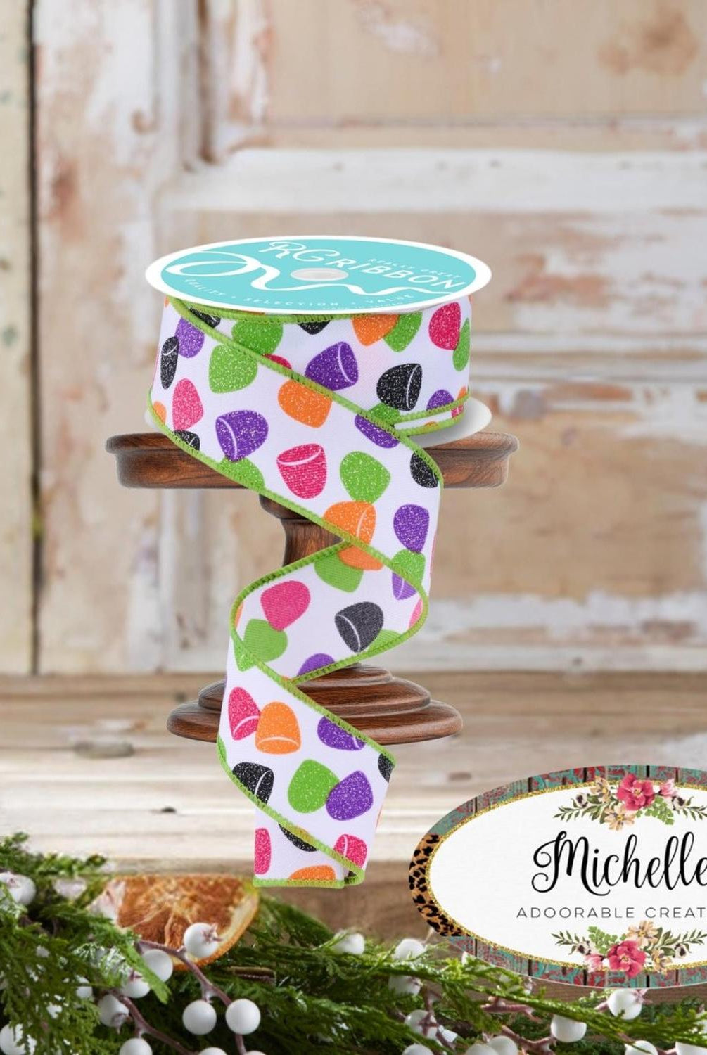 1.5" Glitter Gumdrop Ribbon: Pink/Lime (10 Yards)