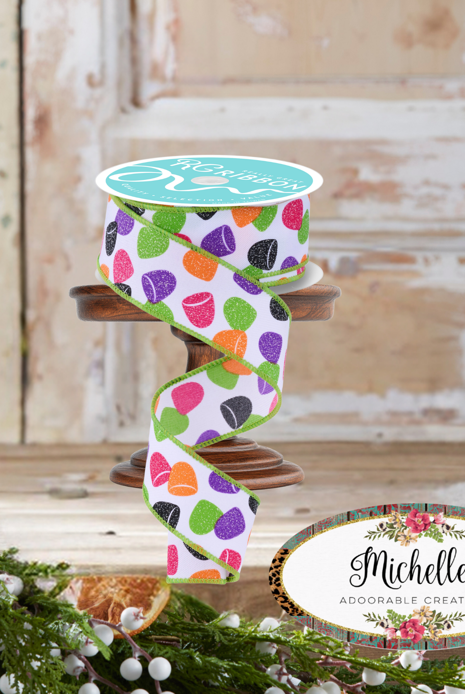 Shop For 1.5" Glitter Gumdrop Ribbon: Pink/Lime (10 Yards)