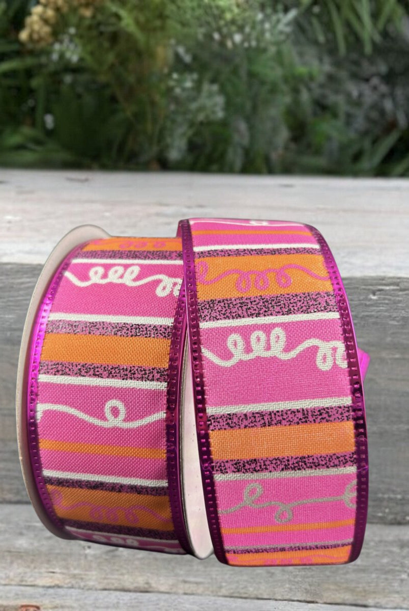 Shop For 1.5" Glitter Loopy Stripes Ribbon: Fuchsia, Orange, Black (10 Yards) at Michelle's aDOORable Creations